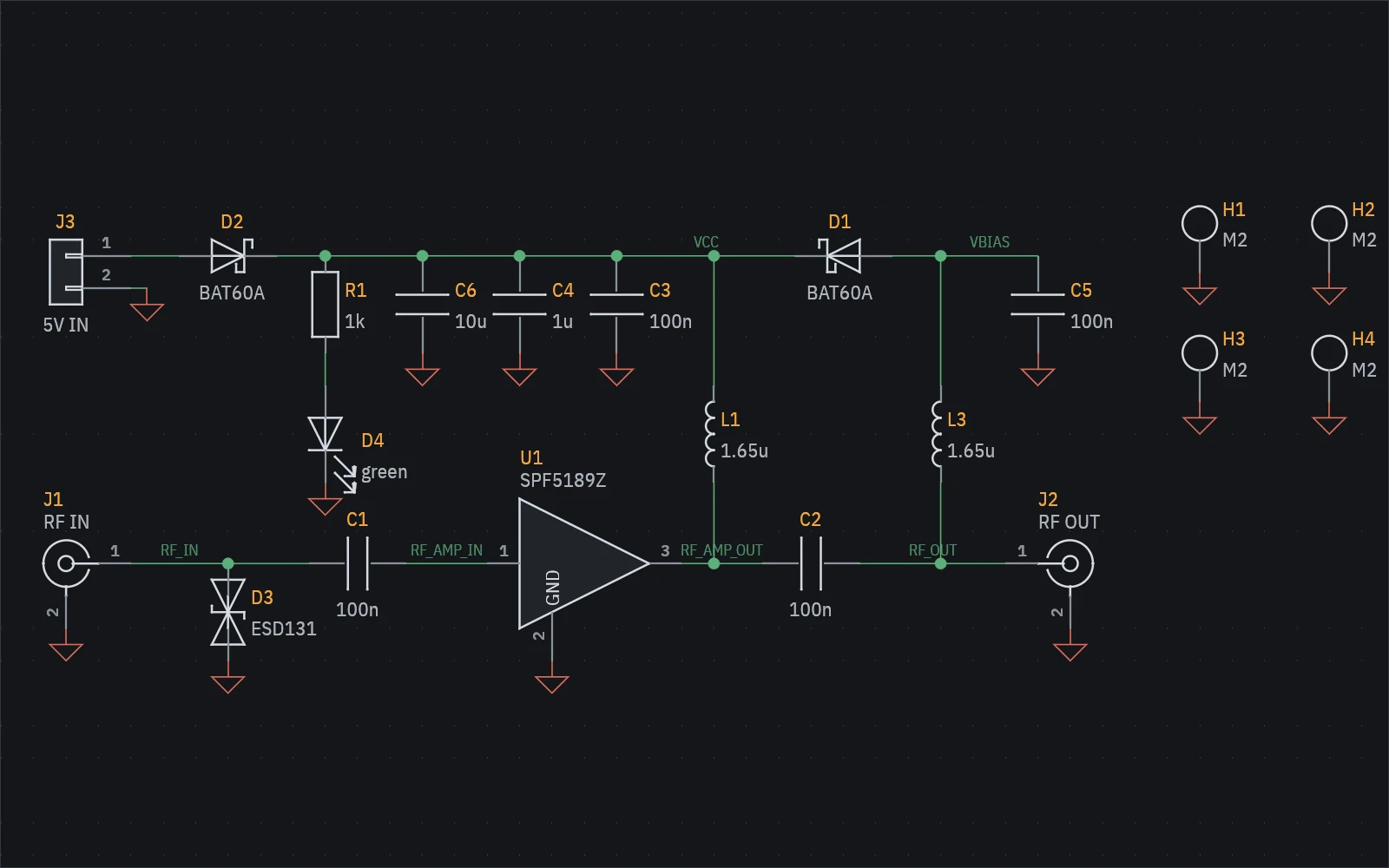 The LNA schematic: the input ESD clamp and DC block, the SPF5189Z, the bias chokes and the two power paths.